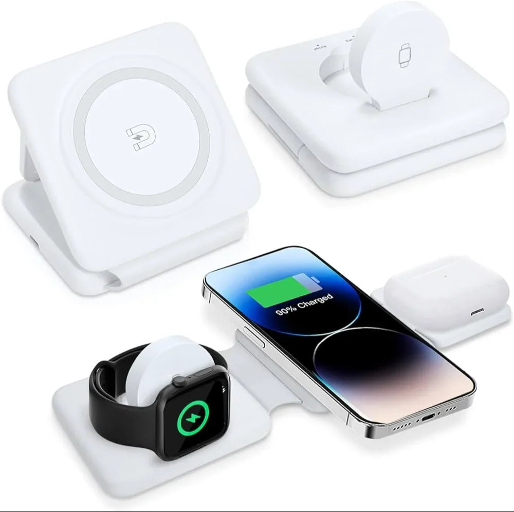 SMARTUNO | 3 in 1 Magnetic Foldable Wireless Charger Compatible for iPhone 15/14/13/12 Series | Compatible with AirPods 2/3/Pro & iWatch Series | MagSafe Compatible | White