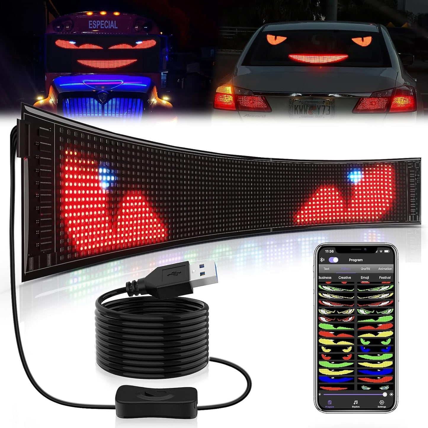 Smartuno | Customizable LED Display – 5V USB-Powered, Flexible & Bluetooth App-Controlled | Create Text, Patterns & Animations | Bright, Waterproof Sign for Cars, Shops, Parties & Bars