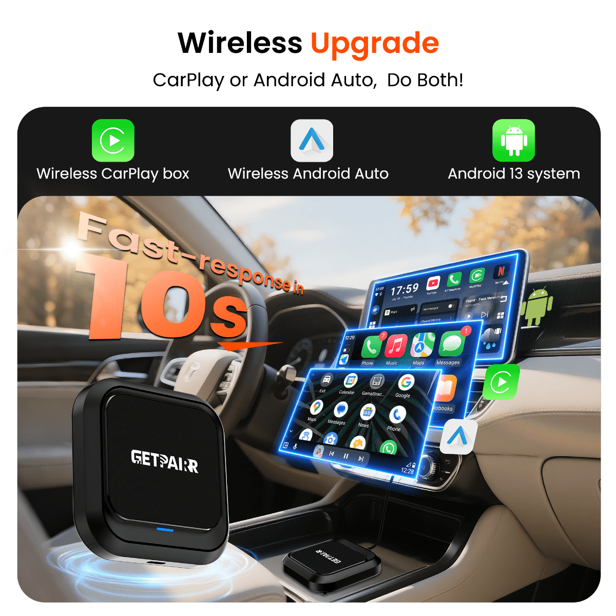 Homeshopaye GetPairr AI Box 2.0 (compatible with all cars ) , Android 13 ,8 Gb ram ,  128 Gb storage, Wireless | Carplay Android Auto 3 in 1